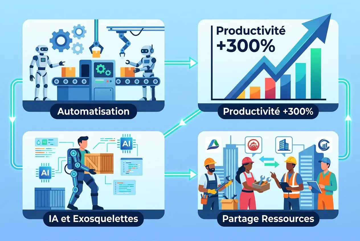Automatisation et IA en usine: robots et machines orchestrant la production; puis productivité +300% via un graphique ascendante. Partage des ressources et équipes travaillant ensemble.