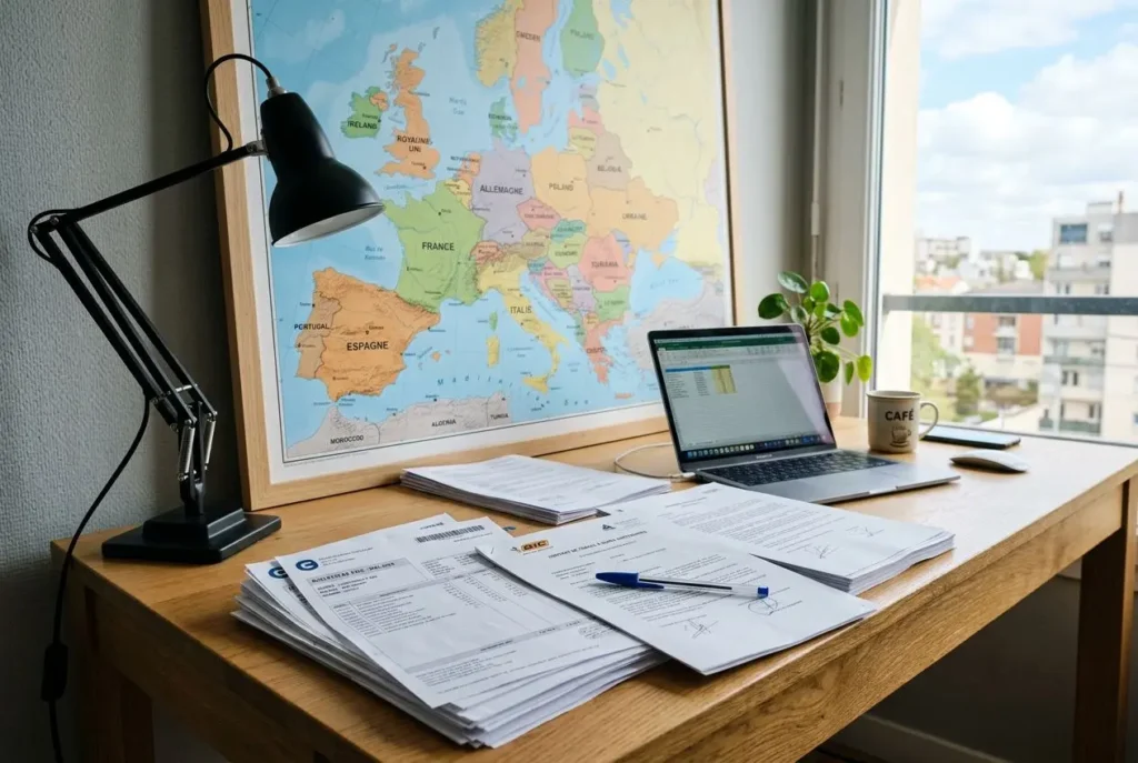 Bureau avec carte de l’Europe, lampe et ordinateur portable sur le bureau; documents empilés, stylos et tasse, image liée au détachement salarié dans l'union européenne.