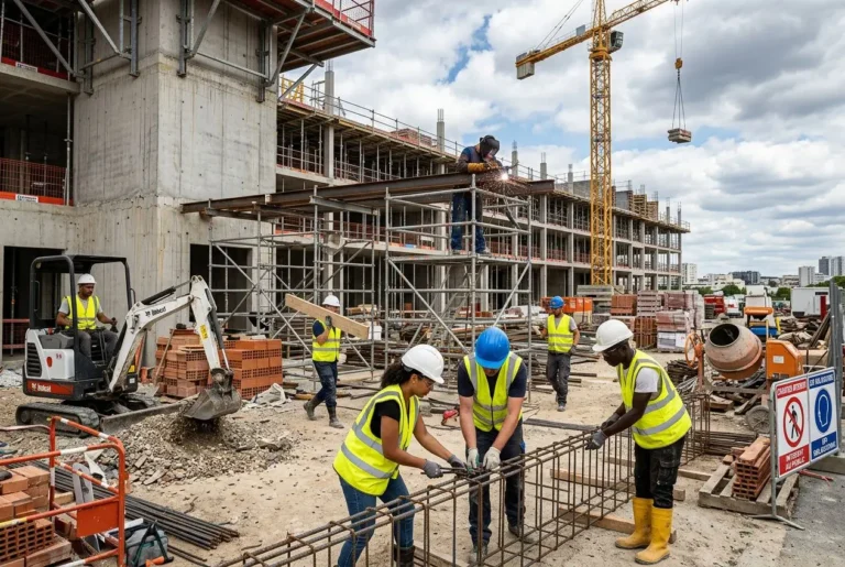 Chantiers de construction avec ouvriers en gilets jaunes et casques, travail collaboratif sur une structure en acier et autour, signe sécurité visible, grande grue en arrière. Solutions pénurie main-d'œuvre intégrée de façon fluide.
