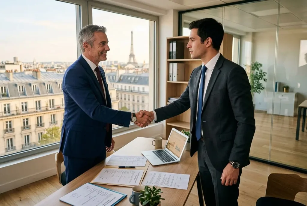 Deux businessmen se serrent la main dans un bureau au-dessus de Paris, documents et ordinateur sur la table, symbolisant un accord de détachement de salariés.