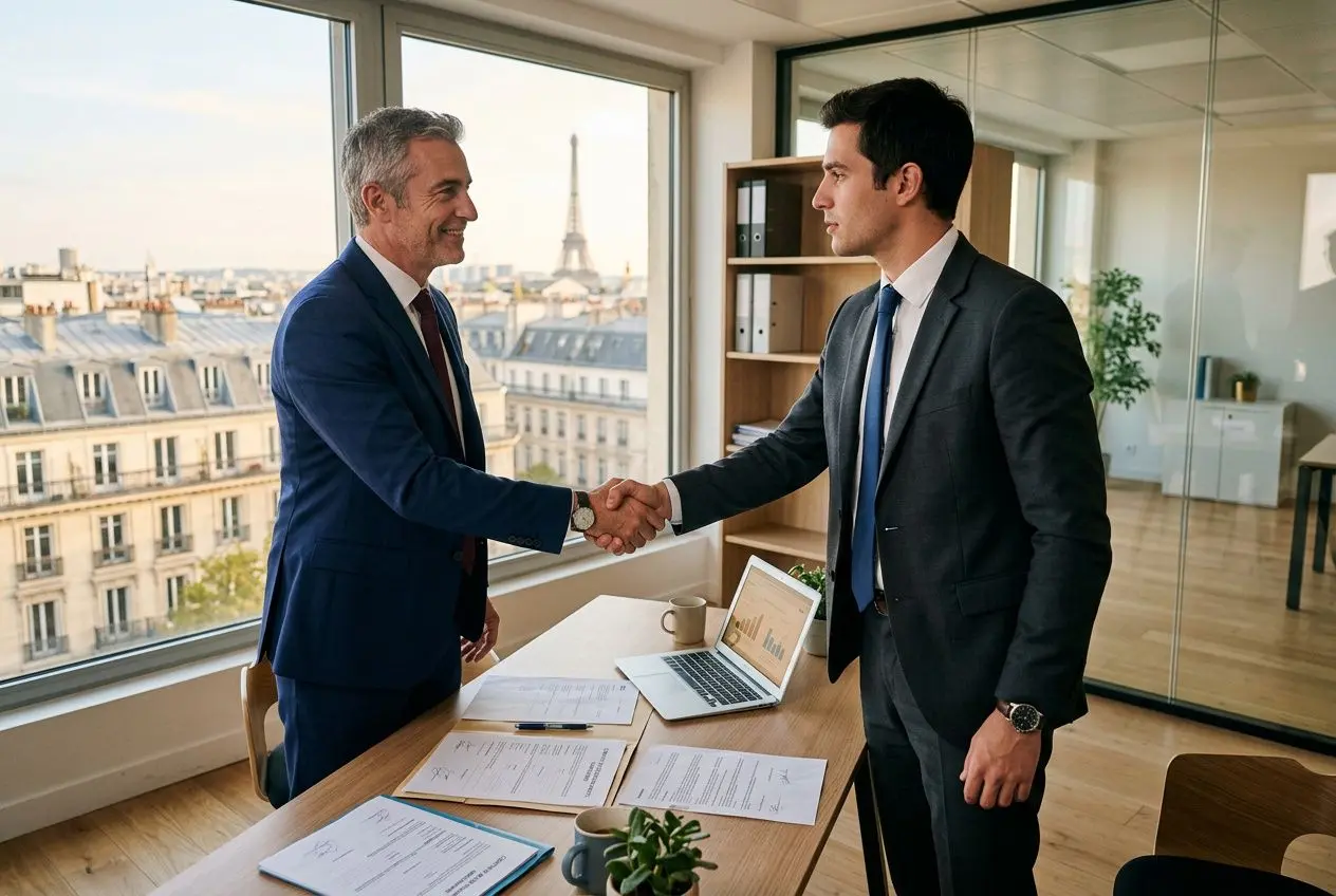 Deux businessmen se serrent la main dans un bureau au-dessus de Paris, documents et ordinateur sur la table, symbolisant un accord de détachement de salariés.