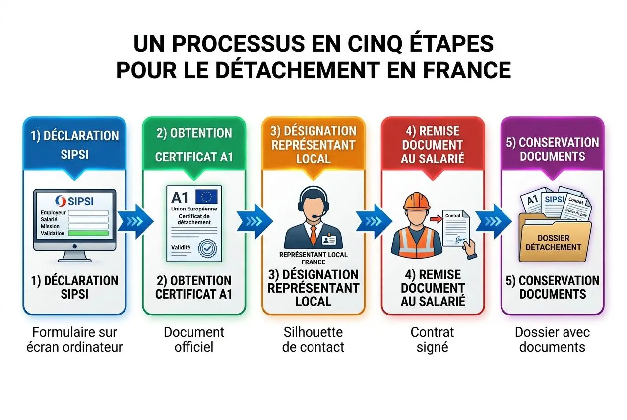 Un diagramme en 5 étapes illustrant le détachement de salariés: déclaration SIPS, obtention du certificat A1, désignation du représentant local, remise du document au salarié et conservation des documents. Détachement de salariés comment ça marche.