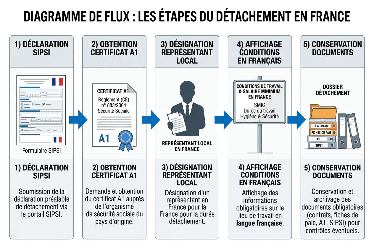 Diagramme de flux des étapes du détachement en France, illustrant la déclaration, l’obtention du certificat A1, la désignation du représentant local, l’affichage des conditions de travail en français et la conservation des documents. Détachement salarié dans l'union européenne intégré.