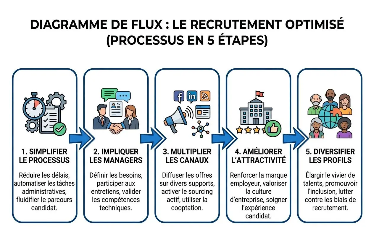 Diagramme de flux montrant les 5 étapes du recrutement optimisé: simplifier le processus, impliquer les managers, multiplier les canaux, améliorer l’attractivité et diversifier les profils, sur fond blanc. Intègre le thème « métiers en tension et pénurie de main-d'œuvre ».