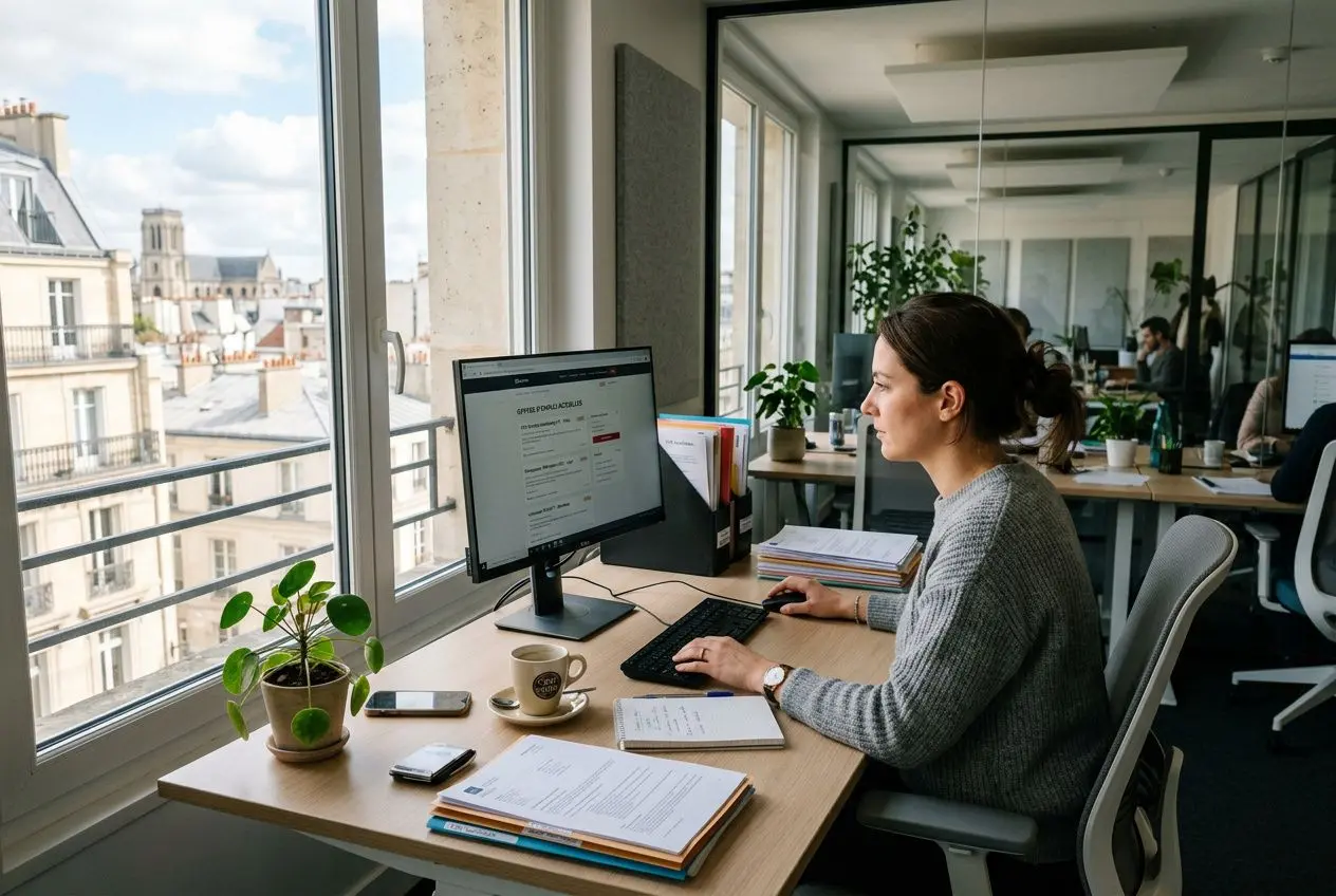 Employé de bureau au travail sur ordinateur dans un espace moderne, près d’une grande fenêtre donnant sur la ville.