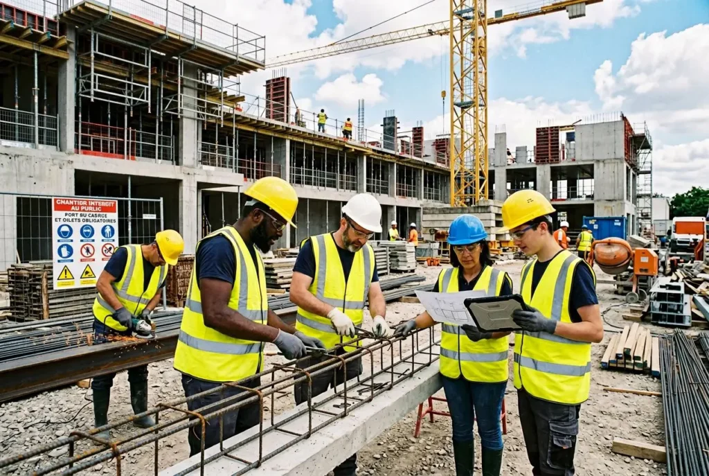 Groupe d’ouvriers sur un chantier, portant des casques et gilets jaunes, examinant des plans près des poutrelles en acier et d’un bâtiment en construction. comment embaucher ouvriers roumains est intégré naturellement dans le contexte.