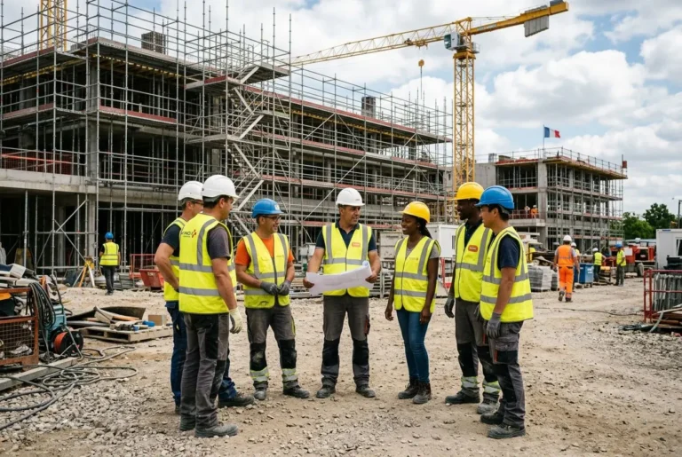 Groupe de travailleurs sur un chantier, portant des casques et gilets jaune, discutant autour de plans près d’un bâtiment en construction. agence interim roumaine france.