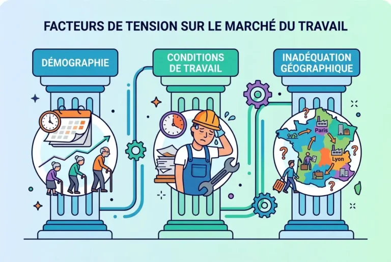Illustration: facteurs de tension sur le marché du travail avec trois engrenages illustrant démographie, conditions de travail et inadéquation géographique; travailleurs et outils autour de chaque colonne. Intègre le thème des métiers en tension et pénurie de main-d'œuvre.