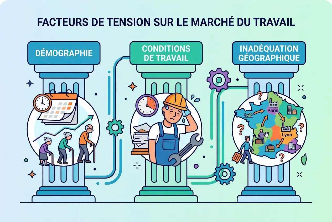 Illustration: facteurs de tension sur le marché du travail avec trois engrenages illustrant démographie, conditions de travail et inadéquation géographique; travailleurs et outils autour de chaque colonne. Intègre le thème des métiers en tension et pénurie de main-d'œuvre.