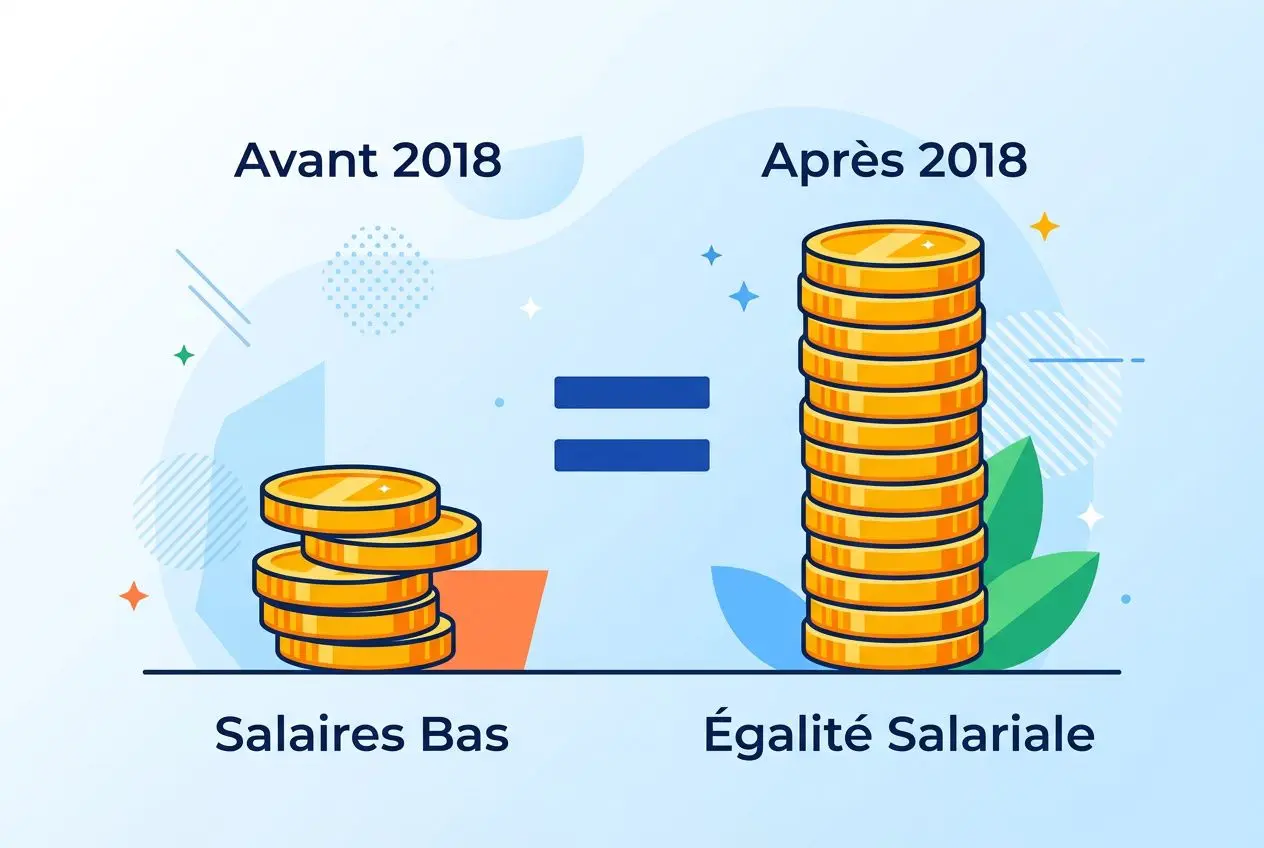 Illustration montrant, "Avant 2018" et "Après 2018", des piles de pièces: salaires bas vs égalité salariale dans l'union européenne.