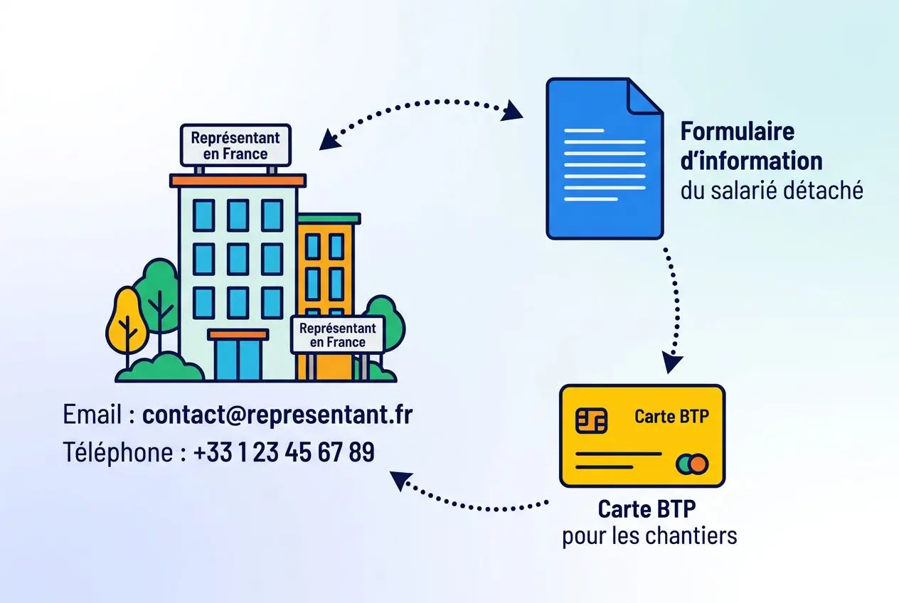 Illustration montrant un représentant en France, des documents: formulaire d'information du salarié détaché et carte BTP, avec contact et flèches circulaires. document obligatoire travailleur détaché france est lié.
