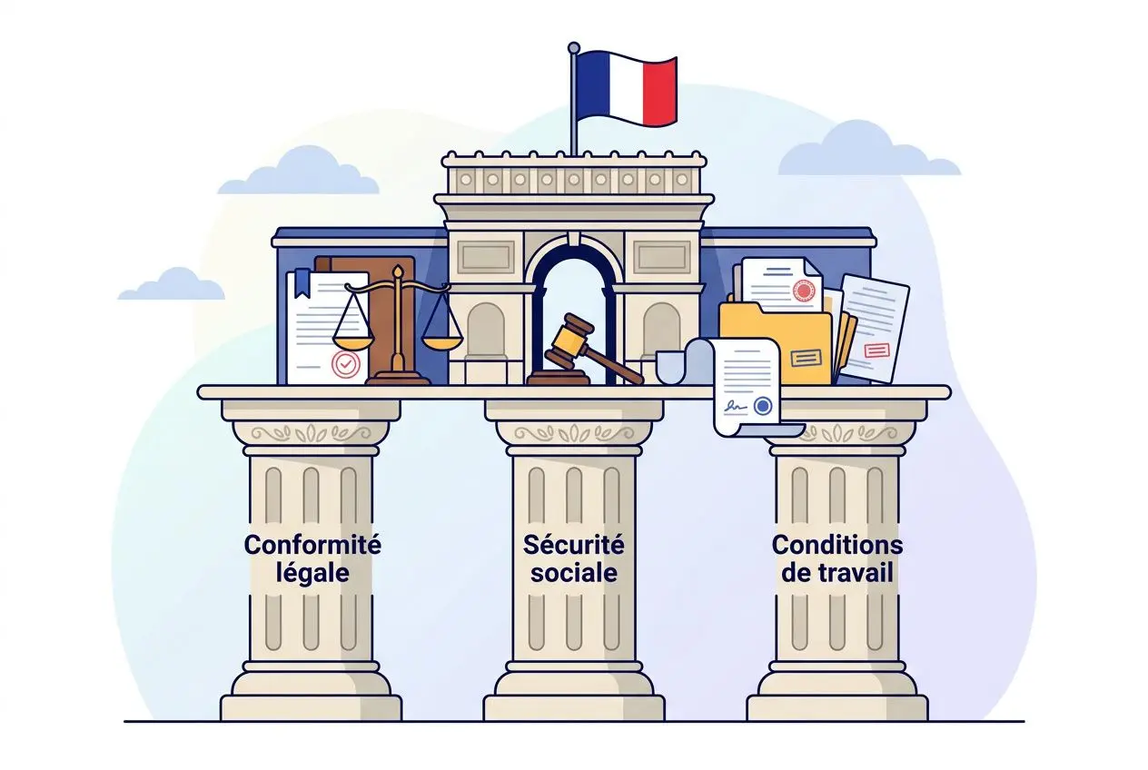 Illustration représentant les piliers de la justice et de l’emploi en France: conformité légale, sécurité sociale et conditions de travail, avec des documents et symboles du droit sur une balustrade. Intègre subtilement l’idée d’une agence interim roumaine france.