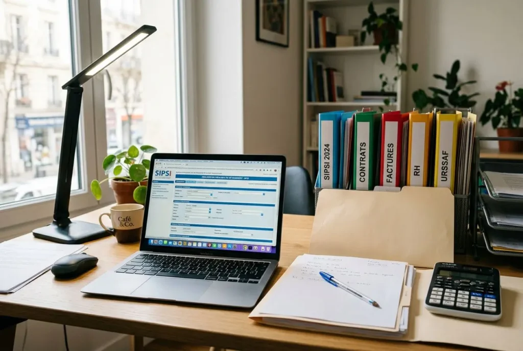 Ordinateur portable affichant SIPSI sur le bureau, avec classeurs colorés et documents, carnet et calculatrice, document obligatoire travailleur détaché france.