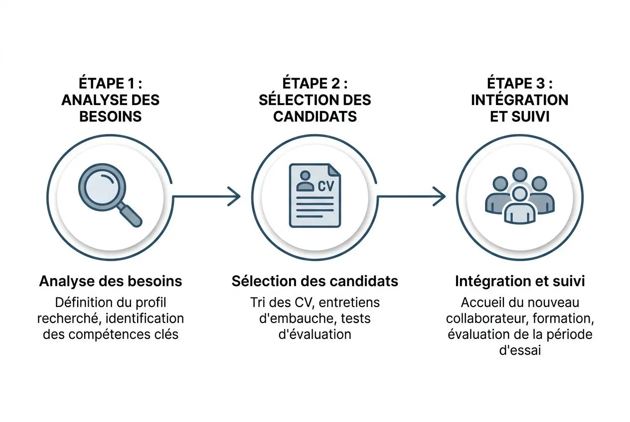 Schéma en trois étapes d’un processus RH: analyse des besoins, sélection des candidats et intégration/Suivi pour une agence interim roumaine france.