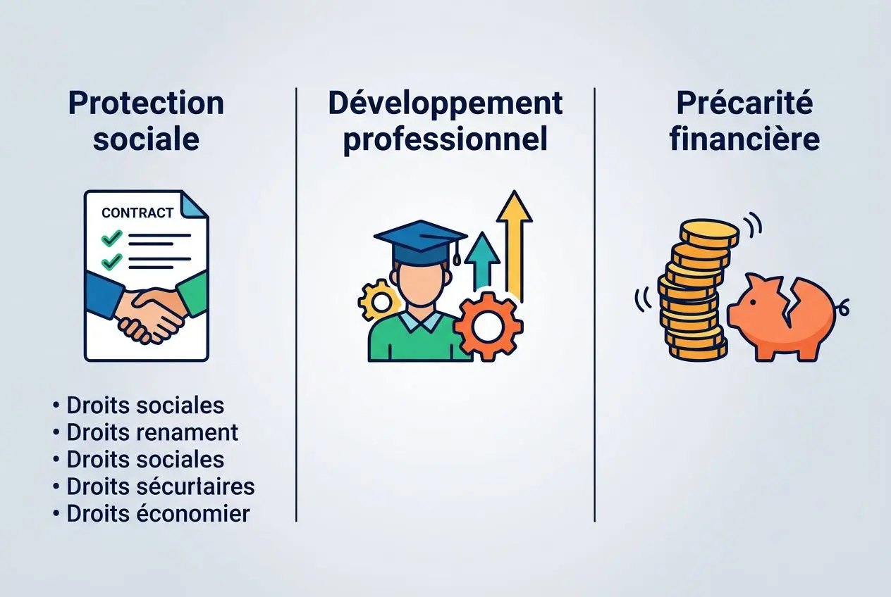 Avantages et inconvénients d'un contrat temporaire : illustration montrant protection sociale, développement professionnel et précarité financière dans trois sections distinctes.