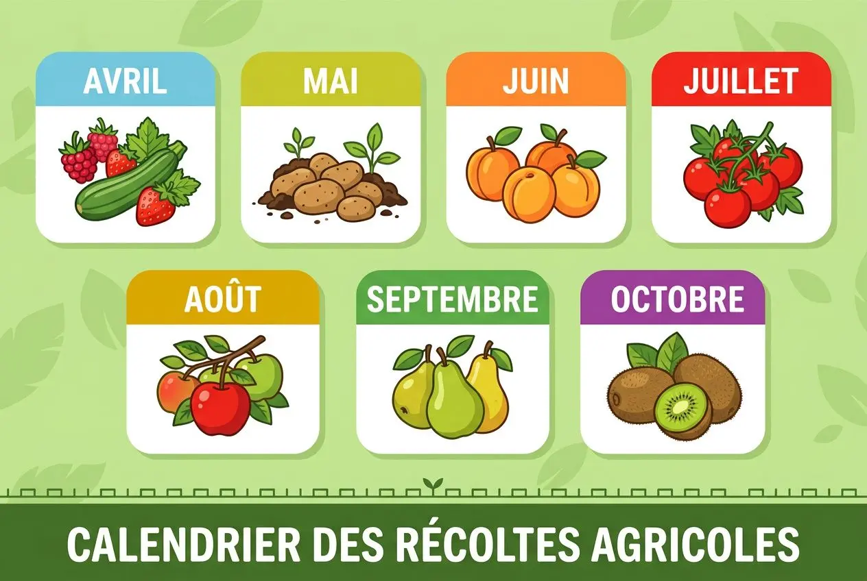 Calendrier des récoltes agricoles par mois: avril, mai, juin, juillet (légumes et fruits) avec fruits rouges, pommes, poires, kiwis et betteraves. Emploi saisonnier agriculture france intégré.