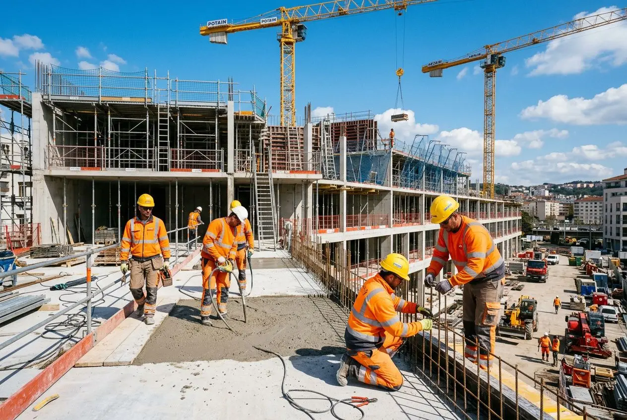 Chantiers du BTP: ouvriers en sécurité sur une dalle en construction, machines et grue moderne en arrière-plan. métiers du btp.