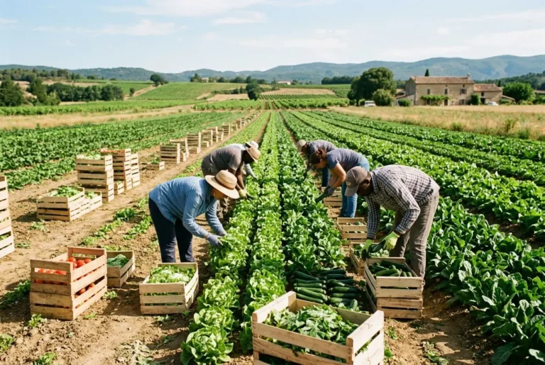 Collecte de légumes en agriculture française: travailleurs saisonniers récoltant et conditionnant des salades et autres cultures dans un champ long, sous un ciel clair. Emploi saisonnier agriculture france.