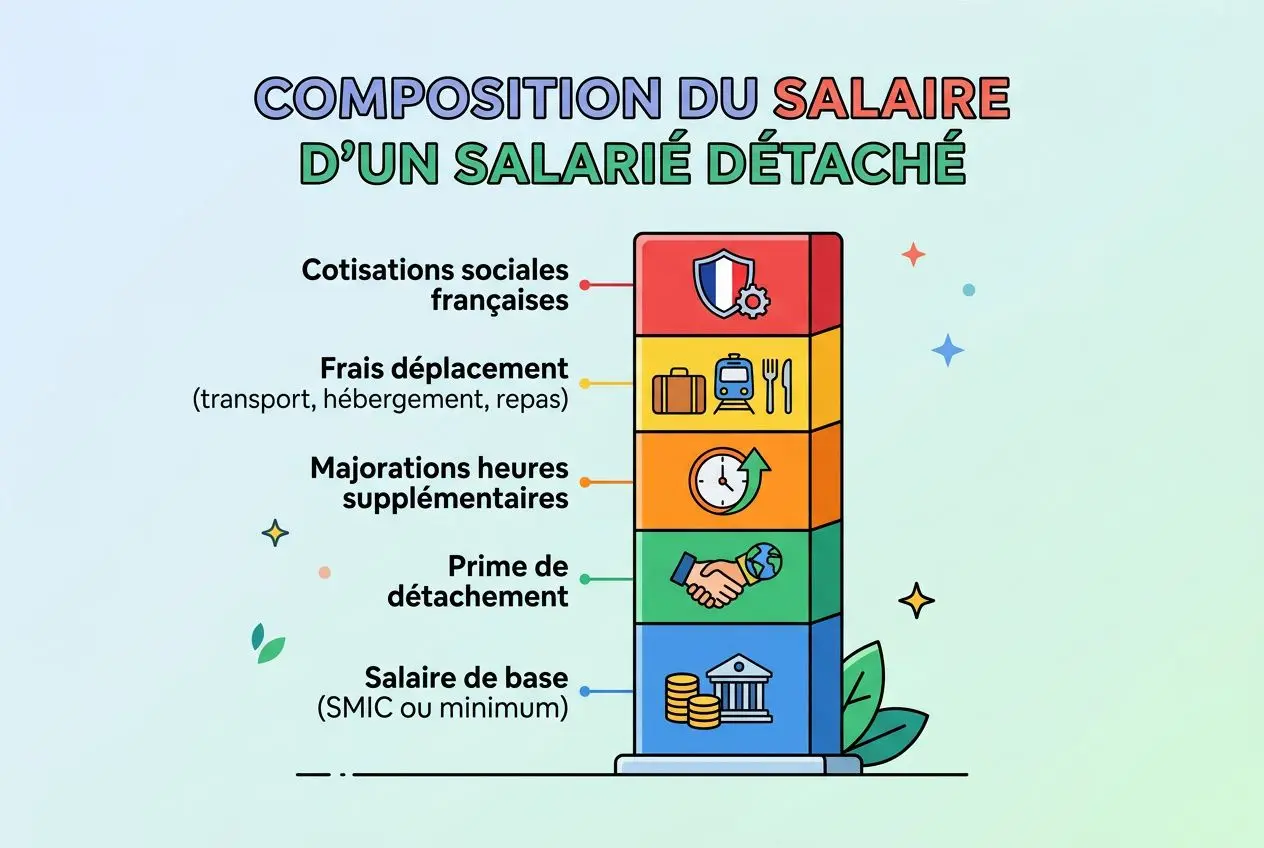 Détachement salarié urssaf : illustration montrant la composition du salaire d’un salarié détaché avec les éléments comme primes, frais, heures supplémentaires et salaire de base.