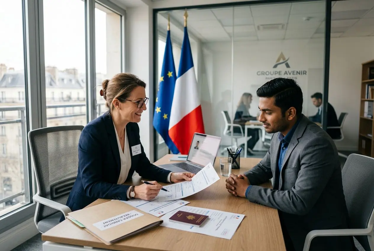 Deux professionnels discutent à une table de bureau : documents et passeports sur la table, femme en blazer examine un papier, homme en costume écoute. Drapeaux français et européen en arrière-plan.