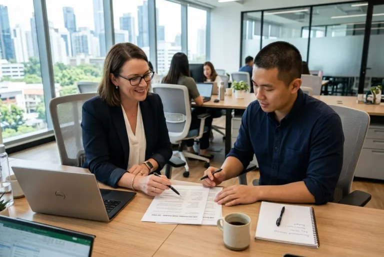 Deux professionnels discutent et signent des documents lors d’un entretien dans un open space, avec laptop et carnet à la main. Comment recruter un employé efficacement siégé.