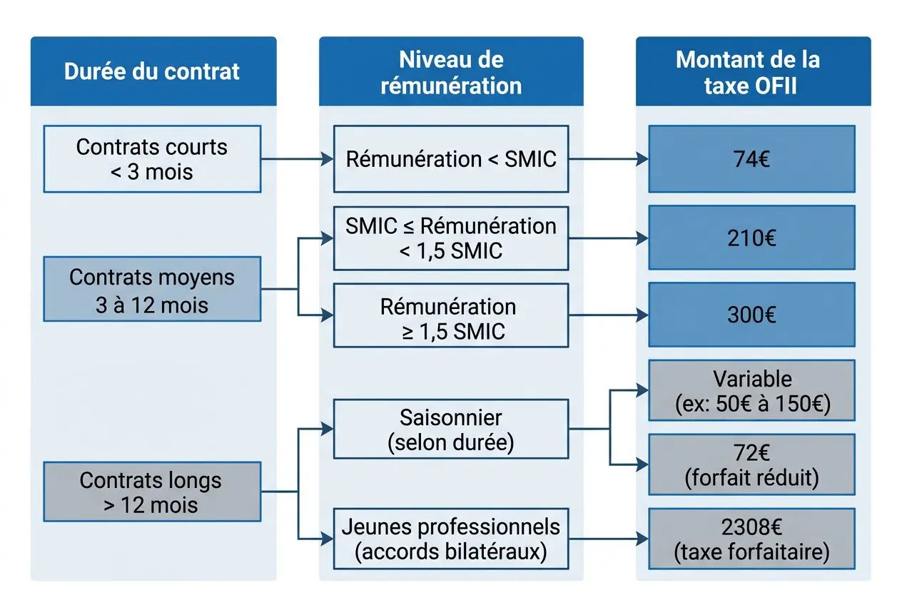 Diagramme des conditions d’embauche d’un salarié étranger en France: durée du contrat → niveaux de rémunération → montant de la taxe OFII (74€ à 2308€) selon type (CDI court/moyen/long, saisonnier, jeunes professionnels). Inclut autorisations et formalités pour embaucher un travailleur étranger en France.