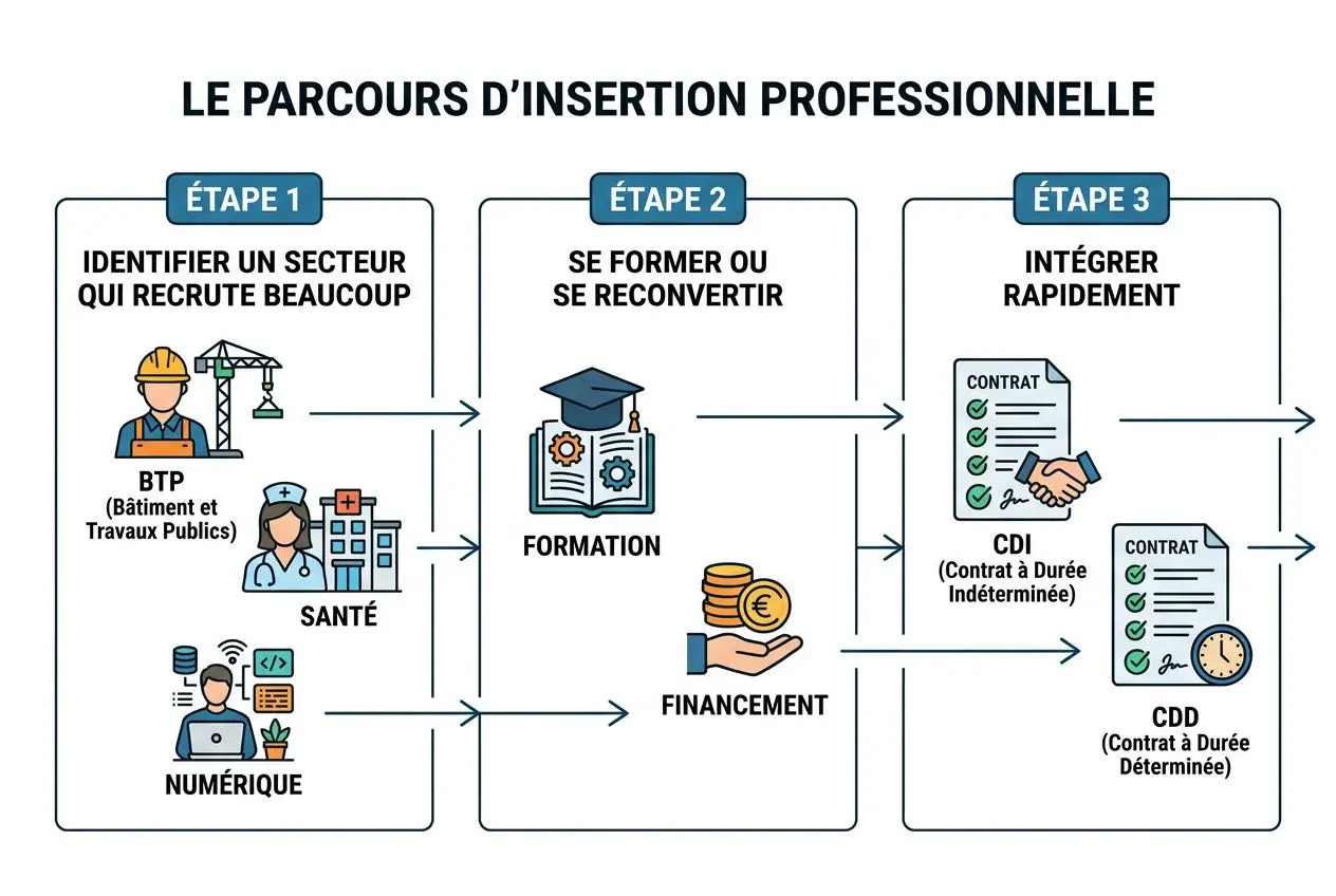 Diagramme « Le parcours d’insertion professionnelle » montrant trois étapes: 1) identifier des secteurs qui recrutent beaucoup (BTP, Santé, Numérique); 2) se former ou se reconvertir via formation et financement; 3) intégrer rapidement via CDI ou CDD. Le tout lié au thème secteurs qui recrutent en france.