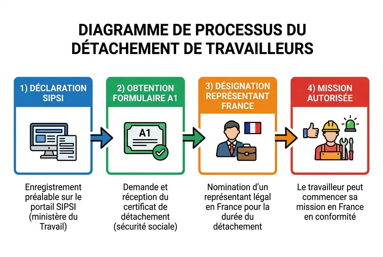 Diagramme de processus du détachement de travailleurs avec quatre étapes: déclaration SIPS, obtention du formulaire A1, nomination d’un représentant France, mission autorisée; illustrant le chemin pour commencer une mission en France.