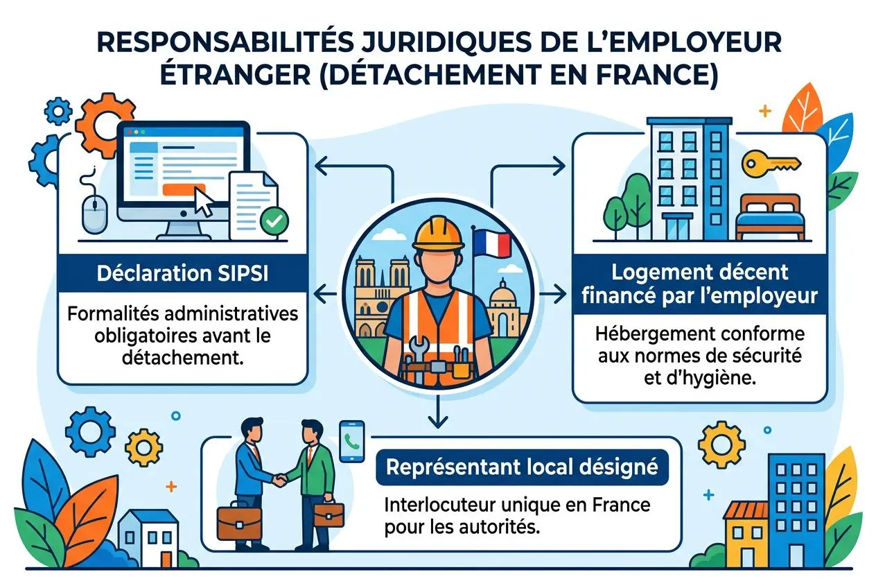 Hébergement salariés détachés France : illustration montrant les obligations légales, logement conforme et représentant local pour travailleurs détachés.