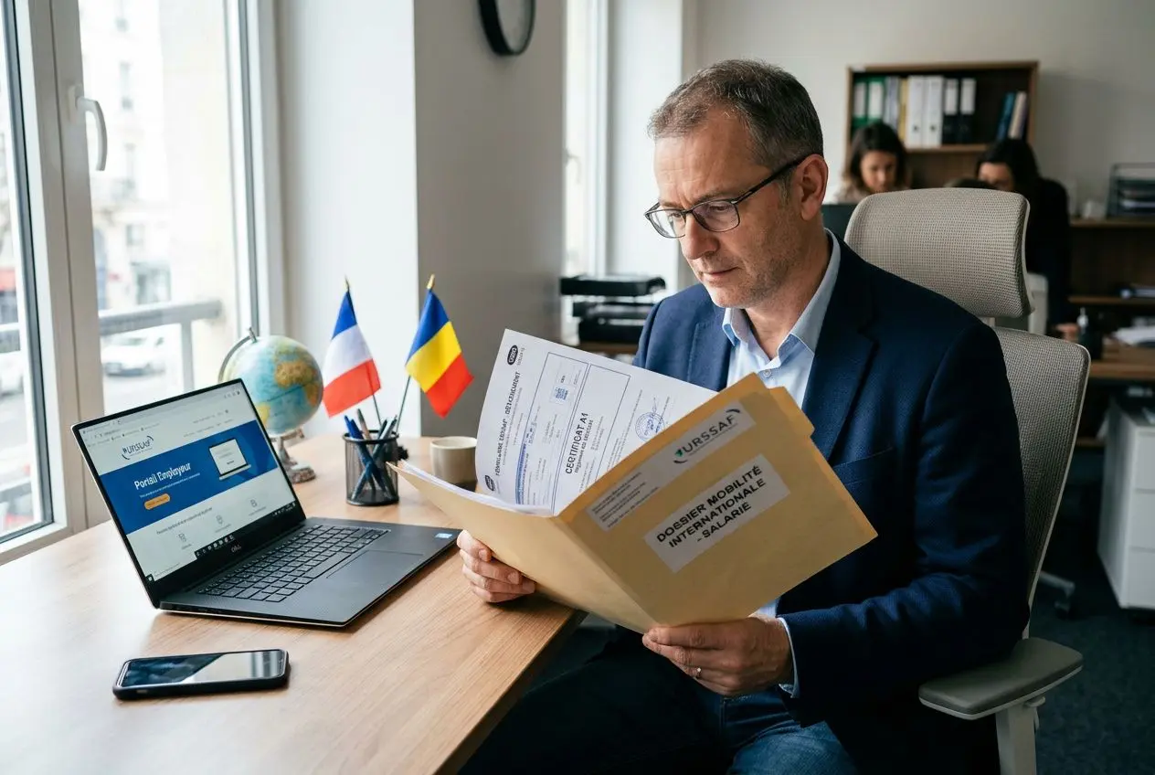 Hommes en entreprise lisant des documents de détachement salarié, avec écran d’ordinateur et drapeaux France et Roumanie sur le bureau. Inclut le contexte de « détachement salarié urssaf ».