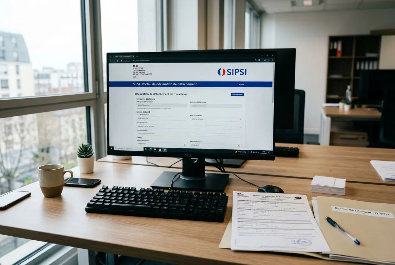 Ordinateur affichant le portail SIPSI pour l’attestation préalable de détachement, sur un bureau avec documents et matériel.
