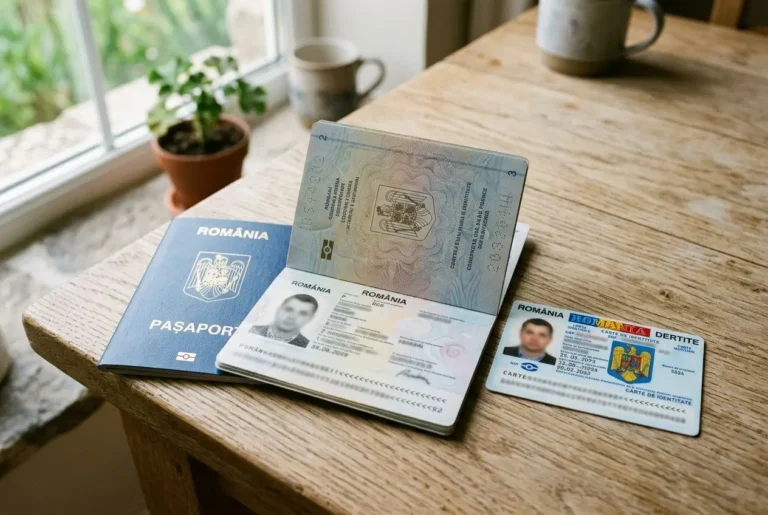 Passeport et documents d’identité roumains sur une table, avec une carte d’identité et un livret d’accès, illustration liée au travail en France.