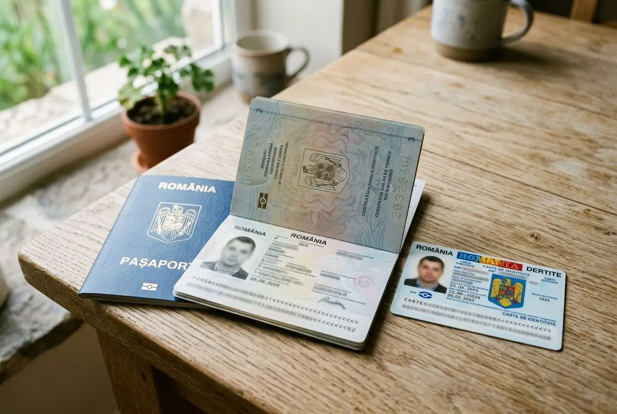 Passeport et documents d’identité roumains sur une table, avec une carte d’identité et un livret d’accès, illustration liée au travail en France.