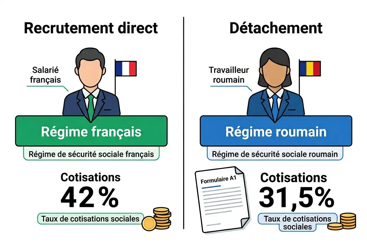 Présentation comparative des régimes: salarié français en régime de sécurité sociale et travailleur roumain en régime roumain, avec taux de cotisations et illustration.
