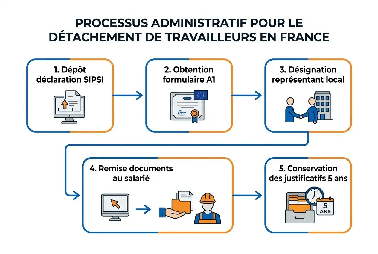 Processus administratif pour le détachement de travailleurs en France, lié à l’hébergement des salariés détachés en France et à la remise des documents obligatoires.