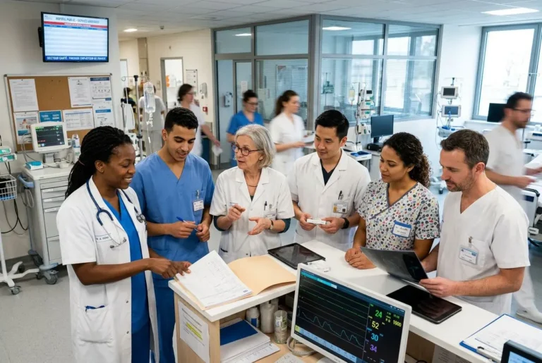 Professionnels de santé réunis autour d’un poste de travail en hôpital, discutant et consultant des données médicales. Secteurs qui recrutent en france.