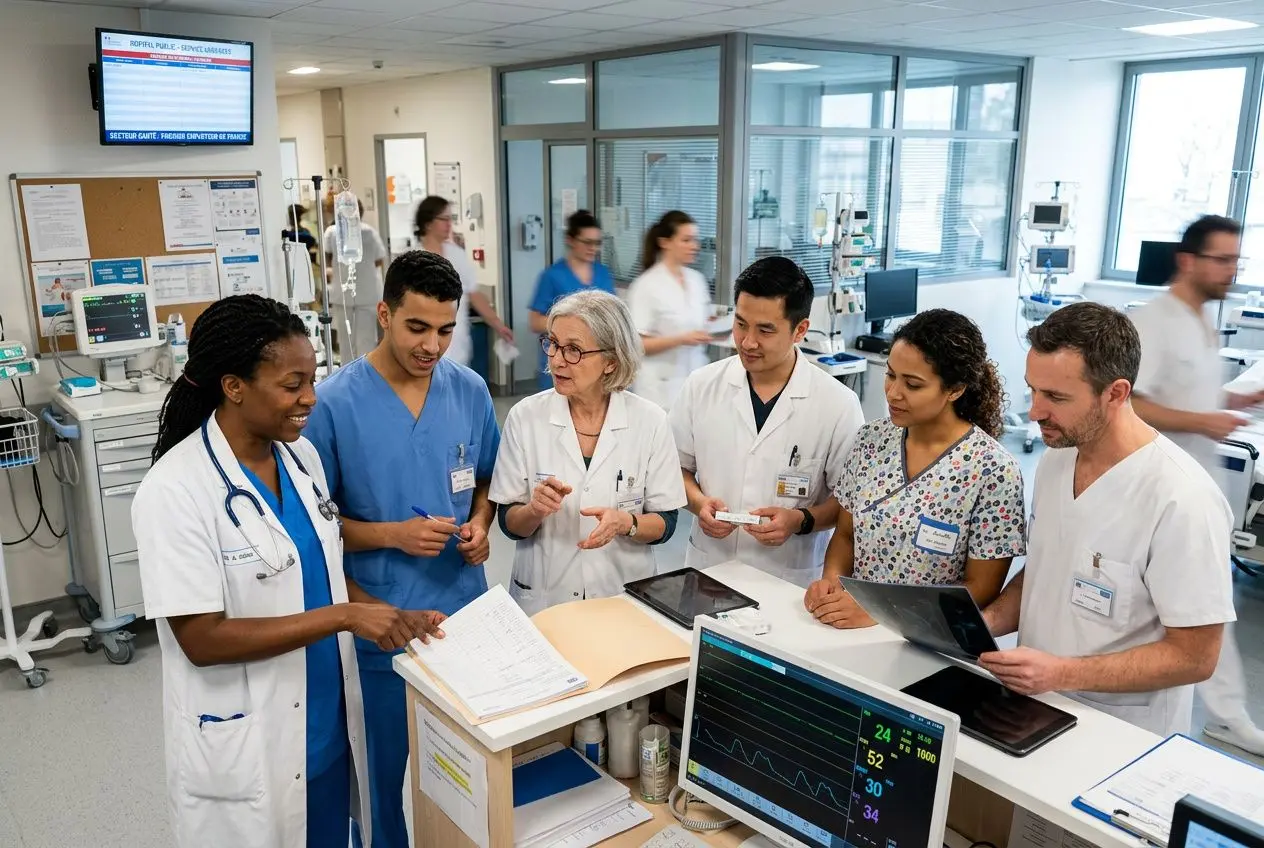 Professionnels de santé réunis autour d’un poste de travail en hôpital, discutant et consultant des données médicales. Secteurs qui recrutent en france.