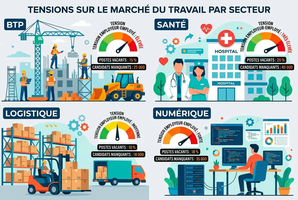 Tensions sur le marché du travail par secteur: BTP, santé, logistique et numérique avec postes vacants et candidats manquants.