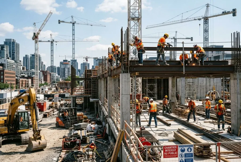 Travaux de construction avec ouvriers sur une structure en élévation et grues en arrière-plan, illustrant le secteur du travail temporaire en chantier. avants et inconvénients d'un contrat temporaire.
