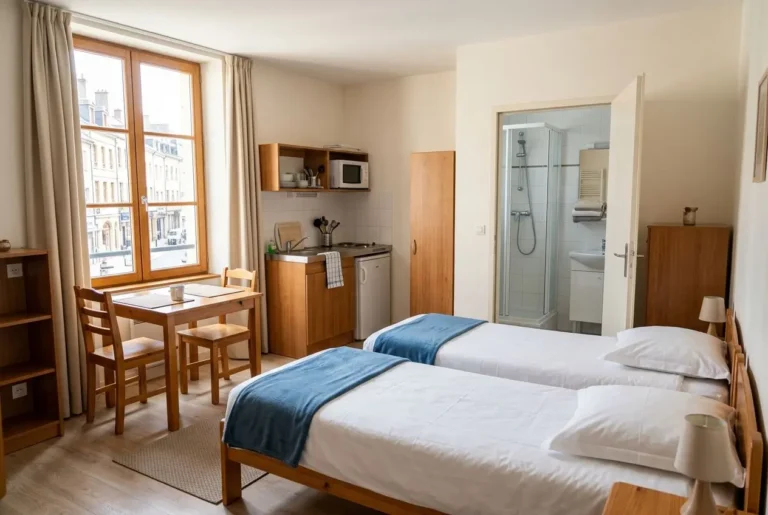 Chambre double lumineuse avec deux lits simples, coin kitchenette et petite salle de bains intégrée, idéale pour l’hébergement salariés détachés.