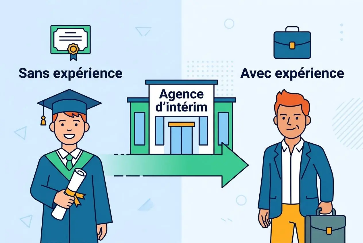 Comment postuler dans une agence d'intérim : guide visuel montrant inscription en agence, sans ou avec expérience, et transition vers l’emploi intérimaire.