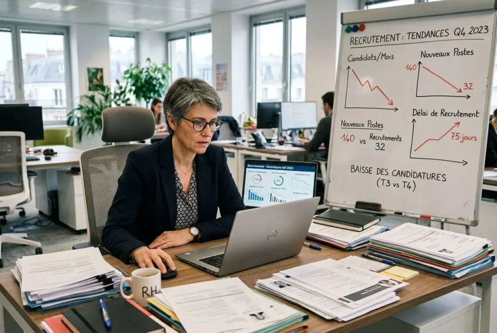 Consultante en bureautique travaillant sur ordinateur dans un open space, tableau blanc sur chartes et graphiques, piles de dossiers. pénurie de main-d'œuvre en france 2025 est évoquée.
