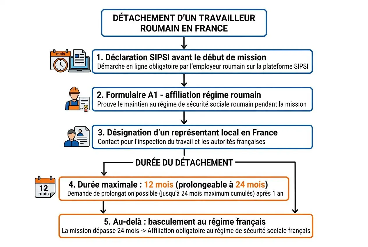 Détachement d’un travailleur roumain en France : étapes, déclaration SIPSI, formulaire A1, désignation d’un représentant local, durée maximale 12 mois puis éventuelle prolongation et basculement au régime français. inclut le cadre pour embaucher un travailleur roumain.