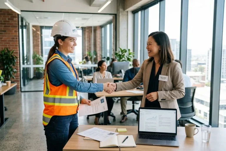 Deux professionnelles se serrent la main dans un bureau lumineux; l’une porte casque et gilet orange, l’autre tailleur, près d’un ordinateur et d’un carnet. Avantage travail temporaire.