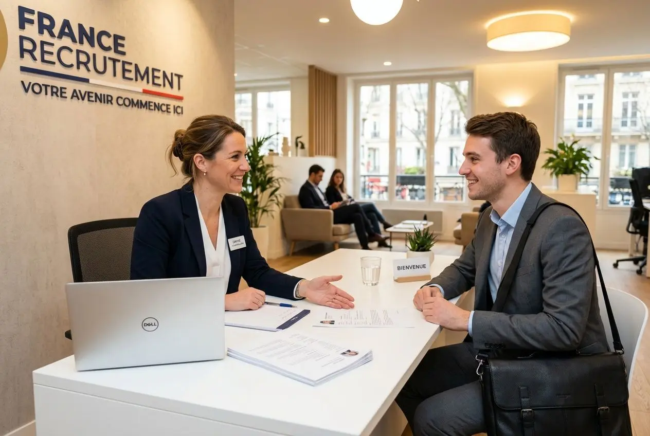 Deux professionnels s’échangent autour d’un bureau dans une agence d’intérim, rencontrez une recruteuse et un candidat, docs et ordinateur à portée de main. Comment postuler dans une agence d'intérim.