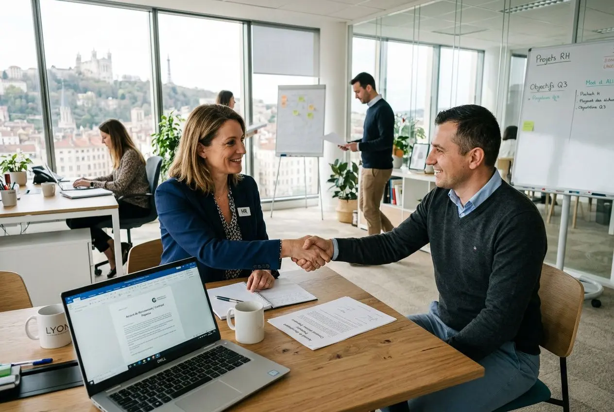 Deux professionnels se serrent la main autour d’une table de bureau, documents et ordinateur portable ouverts, dans un open-space lumineux.