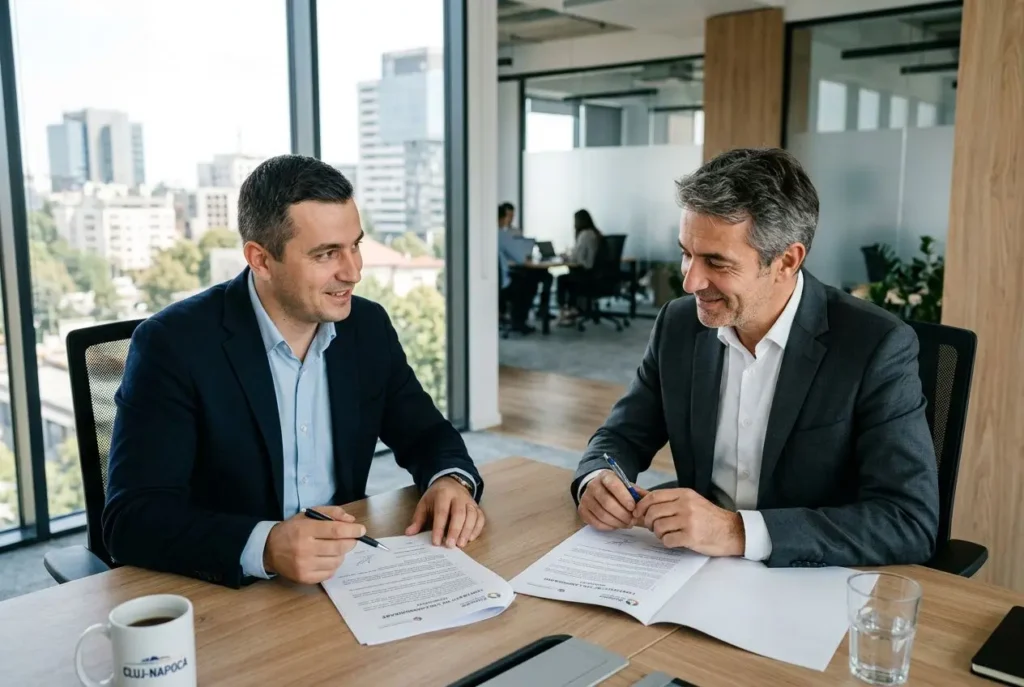 Deux professionnels souriants signent des documents lors d’une réunion, discutent autour d’un contrat sur une table de bureau. Cela illustre le thème du détachement salarié ou travail intérimaire.