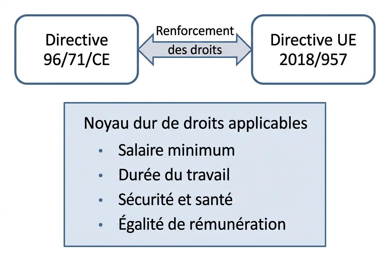 Diagramme comparant Détachement salarié ou travail intérimaire: axes Directives 96/71/CE et UE 2018/957 avec renforcement des droits et-noyau droit: salaire, durée, sécurité, égalité de rémunération. Integrer le mot-clé: "détachement salarié ou travail intérimaire".