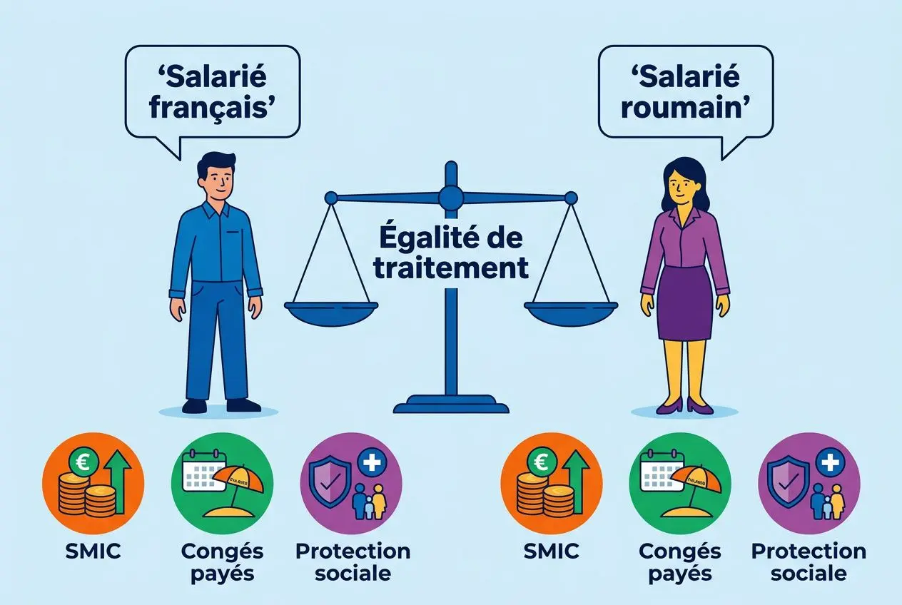 Égalité de traitement entre un salarié français et un salarié roumain, illustration montrant les droits (SMIC, congés payés, protection sociale) et la balance symbolisant l’équité. Texte intégré: comment embaucher un travailleur roumain.