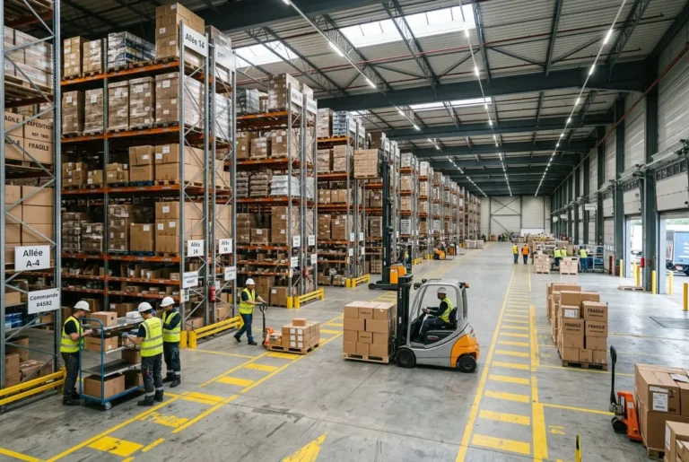 Entrepôt logistique en France avec chariots élévateurs et personnel en sécurité, préparation et stockage des colis pour l’emploi logistique transport france.